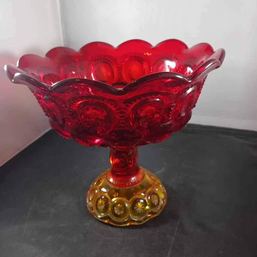 LE Smith Moon & Stars Red Orange Glass Pedestal Footed Compote Candy Dish Bowl